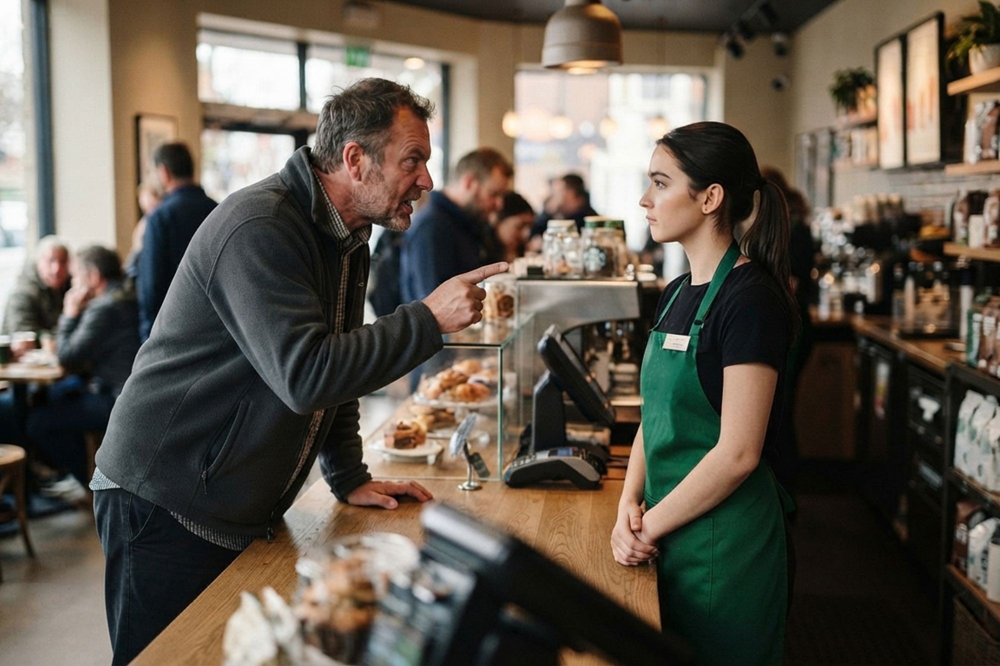 A man angrily points his finger at a calm female barista behind the counter in a busy coffee shop, with pastries and customers visible in the background.