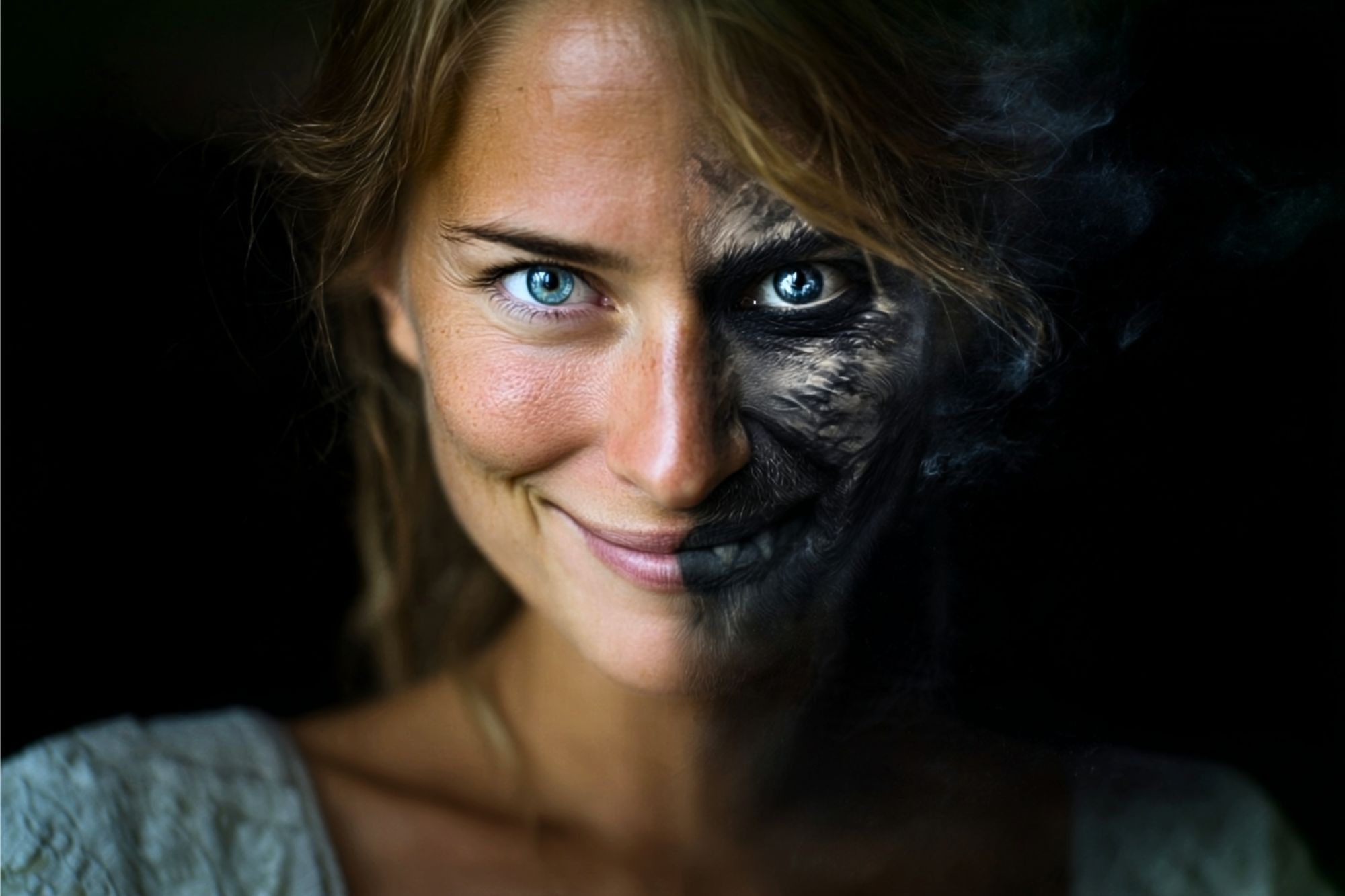 A woman with one side of her face smiling in natural light and the other side darkened, appearing cracked and smoky, creating a contrast between vitality and decay against a black background.