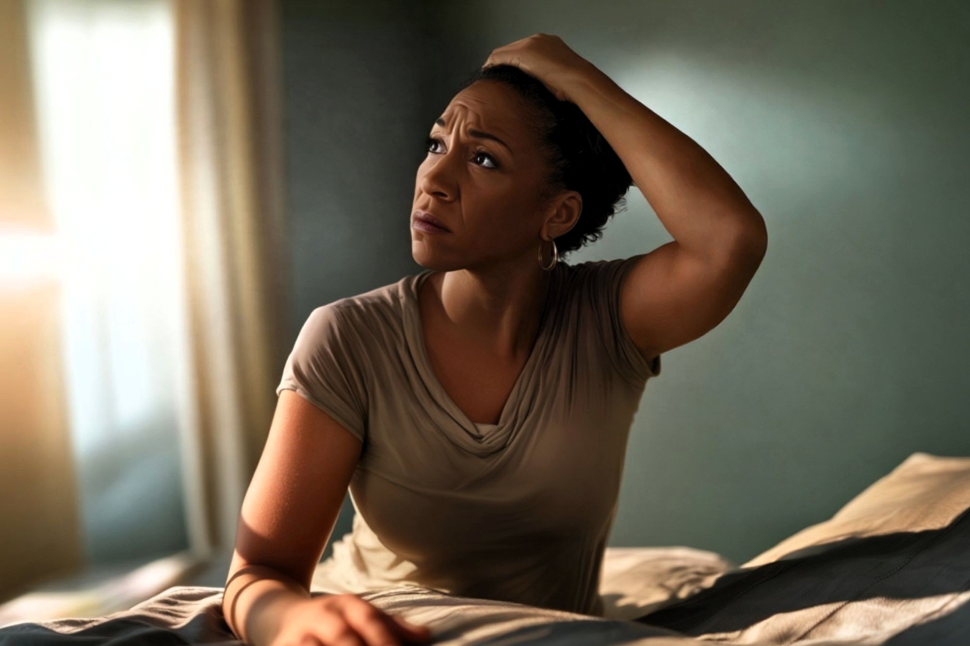 A woman sits on a bed in a softly lit room, looking up with a worried expression while holding her head with one hand. Sunlight streams through a window, casting a gentle glow on her face.