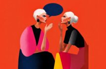 Two women with white hair and colorful clothing sit facing each other, engaged in conversation, with a blue speech bubble between them, set against a bright orange background.