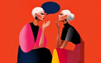 Two women with white hair and colorful clothing sit facing each other, engaged in conversation, with a blue speech bubble between them, set against a bright orange background.