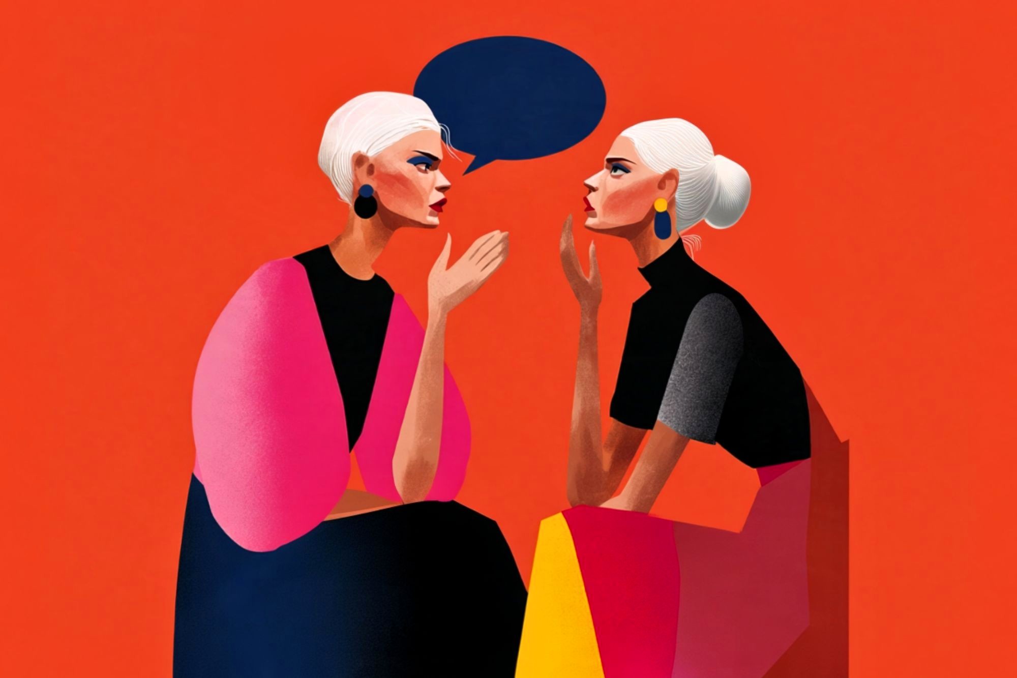 Two women with white hair and colorful clothing sit facing each other, engaged in conversation, with a blue speech bubble between them, set against a bright orange background.