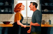 An illustration of a woman and a man standing in a kitchen, facing each other and yelling with angry expressions. The kitchen has shelves, dishes, and a window in the background.