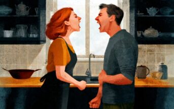 An illustration of a woman and a man standing in a kitchen, facing each other and yelling with angry expressions. The kitchen has shelves, dishes, and a window in the background.