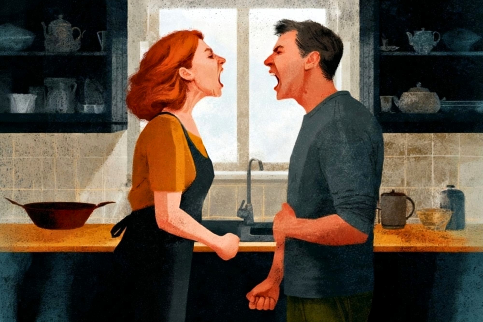 An illustration of a woman and a man standing in a kitchen, facing each other and yelling with angry expressions. The kitchen has shelves, dishes, and a window in the background.