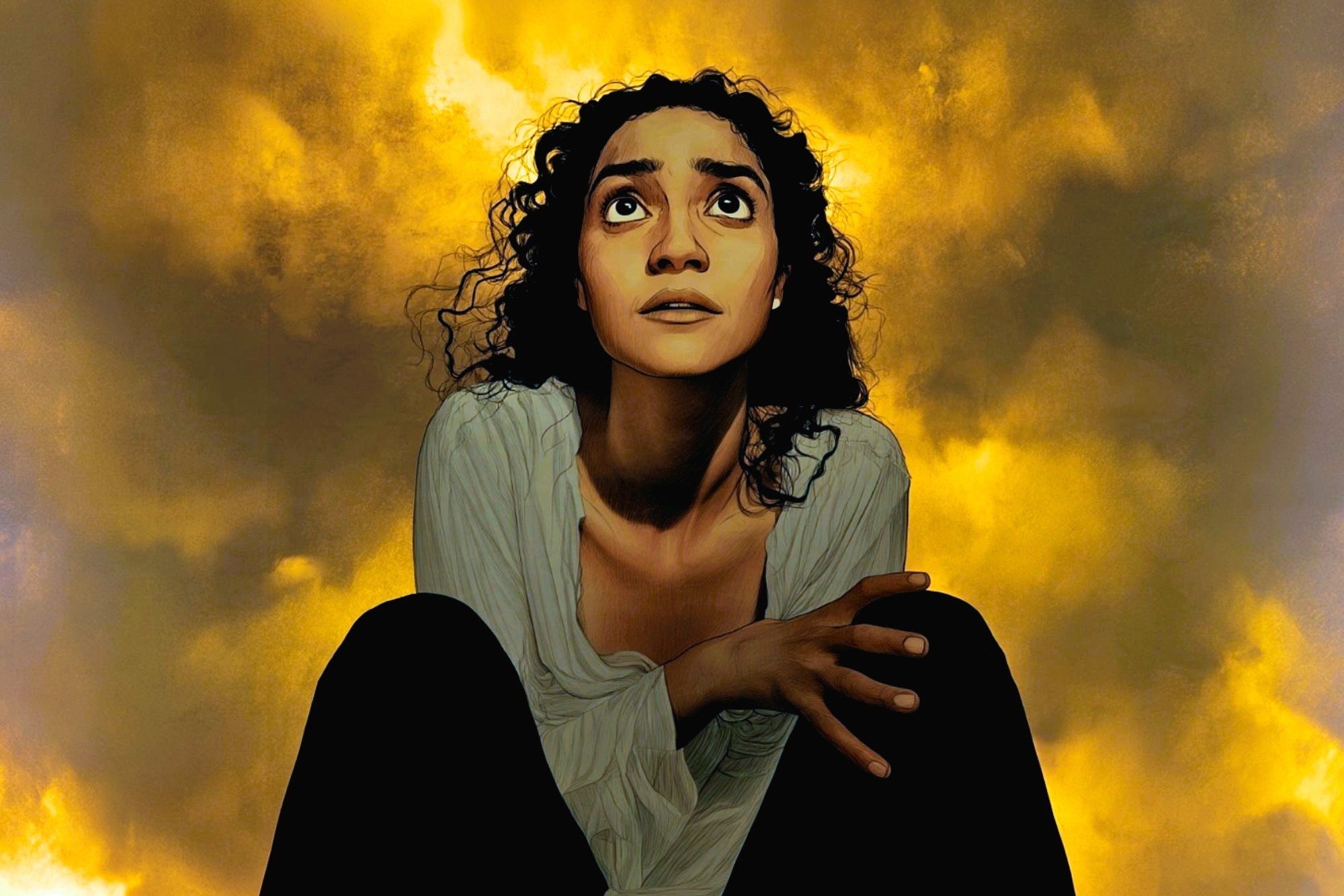 A woman with curly hair looks up with a worried expression, crouched with hands clasped, against a dramatic yellow and orange cloudy sky background.