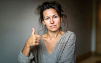 A woman with messy hair and a neutral expression gives a thumbs-up gesture. She is wearing a loose gray sweater and is positioned against a plain background.