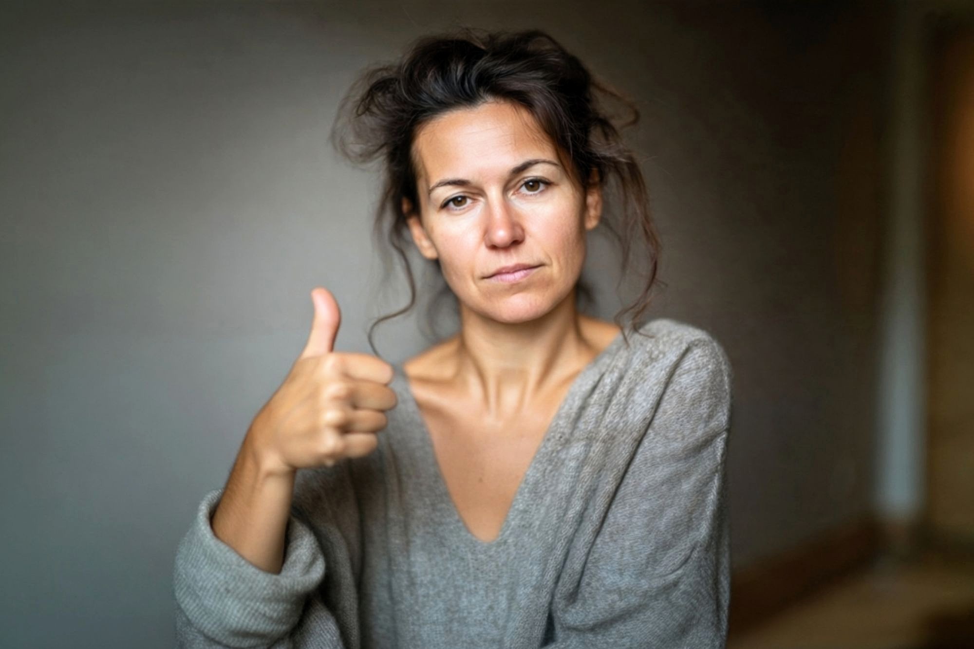A woman with messy hair and a neutral expression gives a thumbs-up gesture. She is wearing a loose gray sweater and is positioned against a plain background.