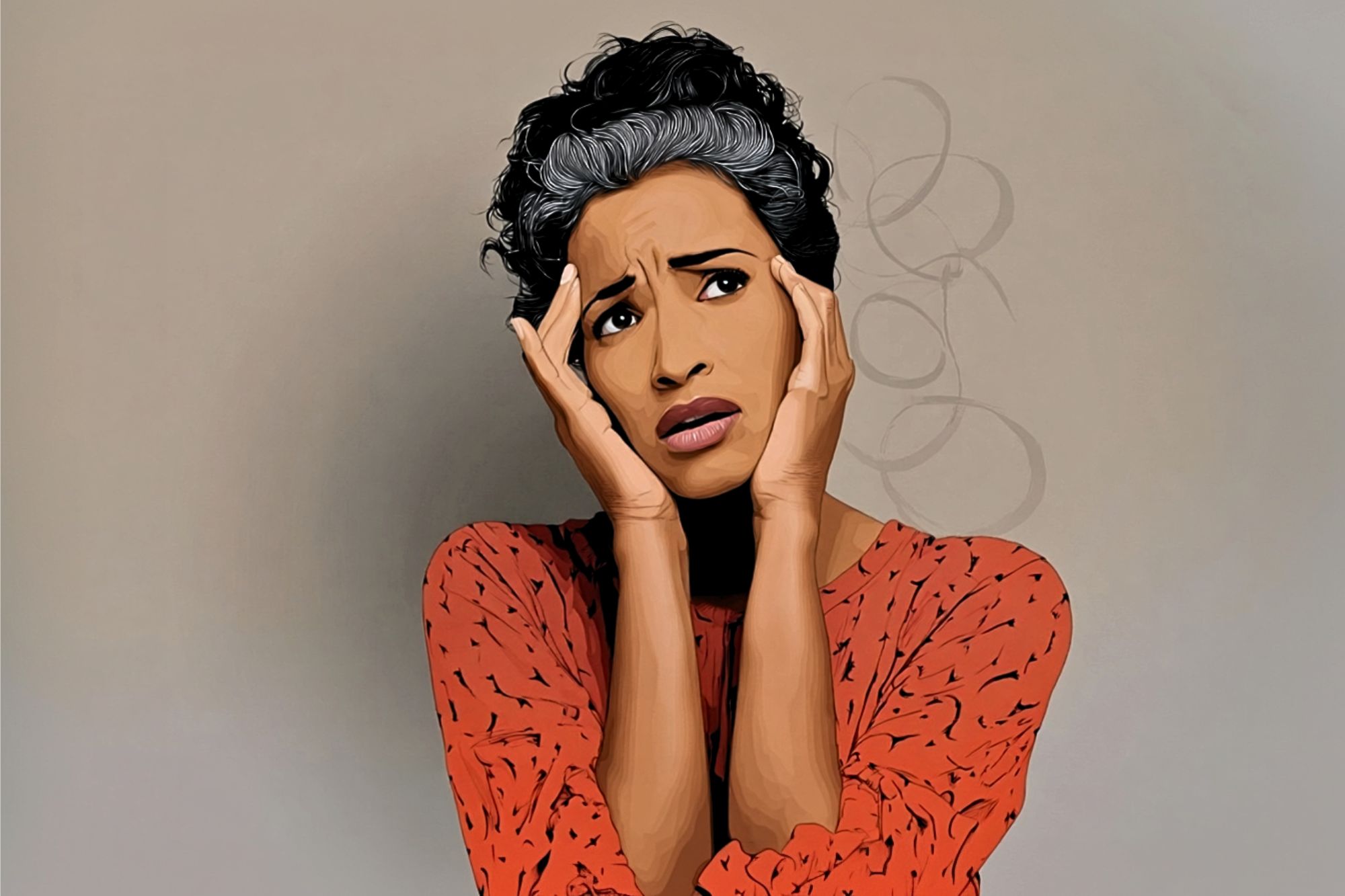 A woman in a red patterned shirt holds her face with both hands and looks worried or anxious, with a neutral background behind her.