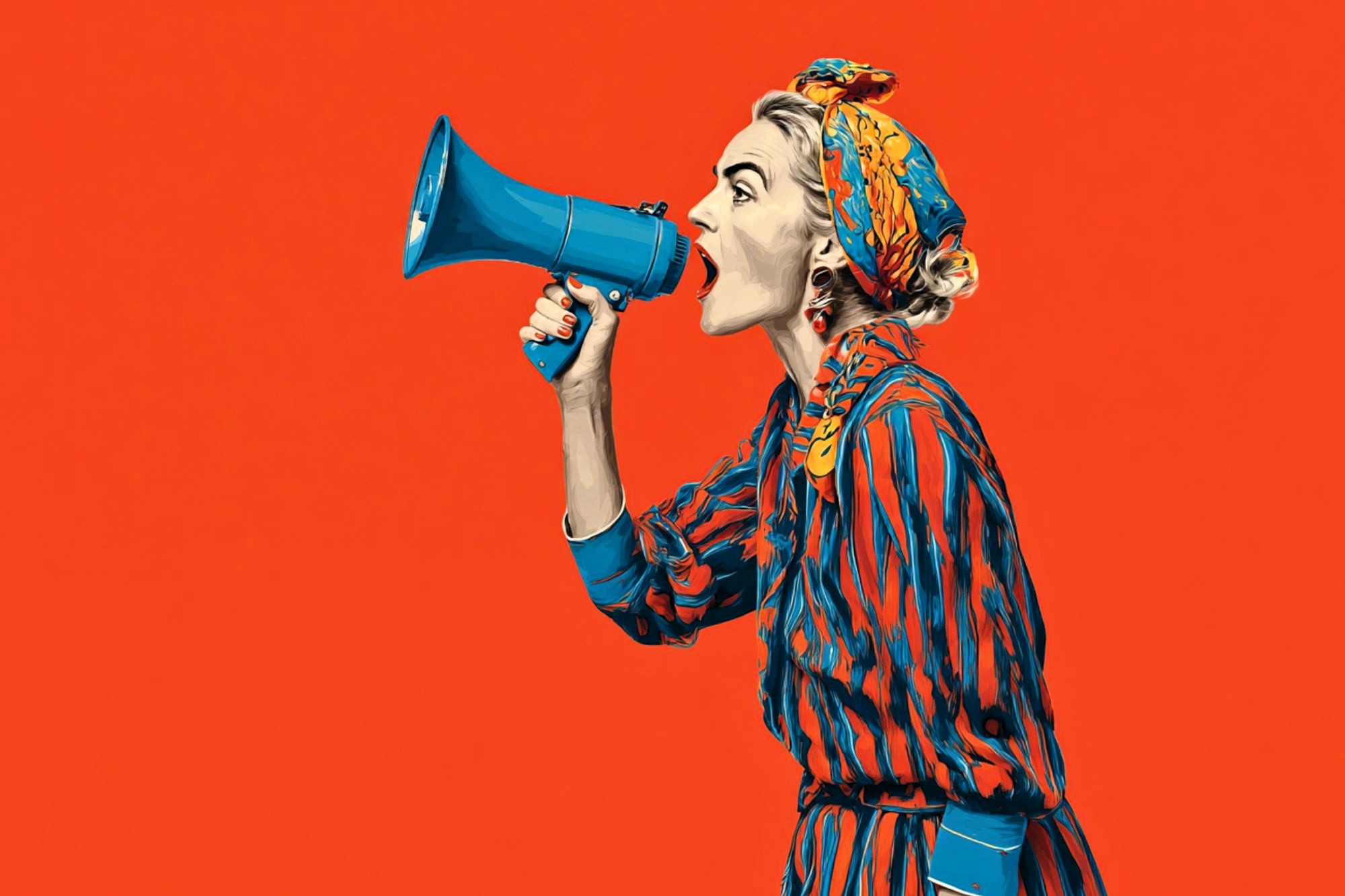 A woman in a striped dress and headscarf shouts into a blue megaphone against a bright orange background. The image has a bold, pop art style.