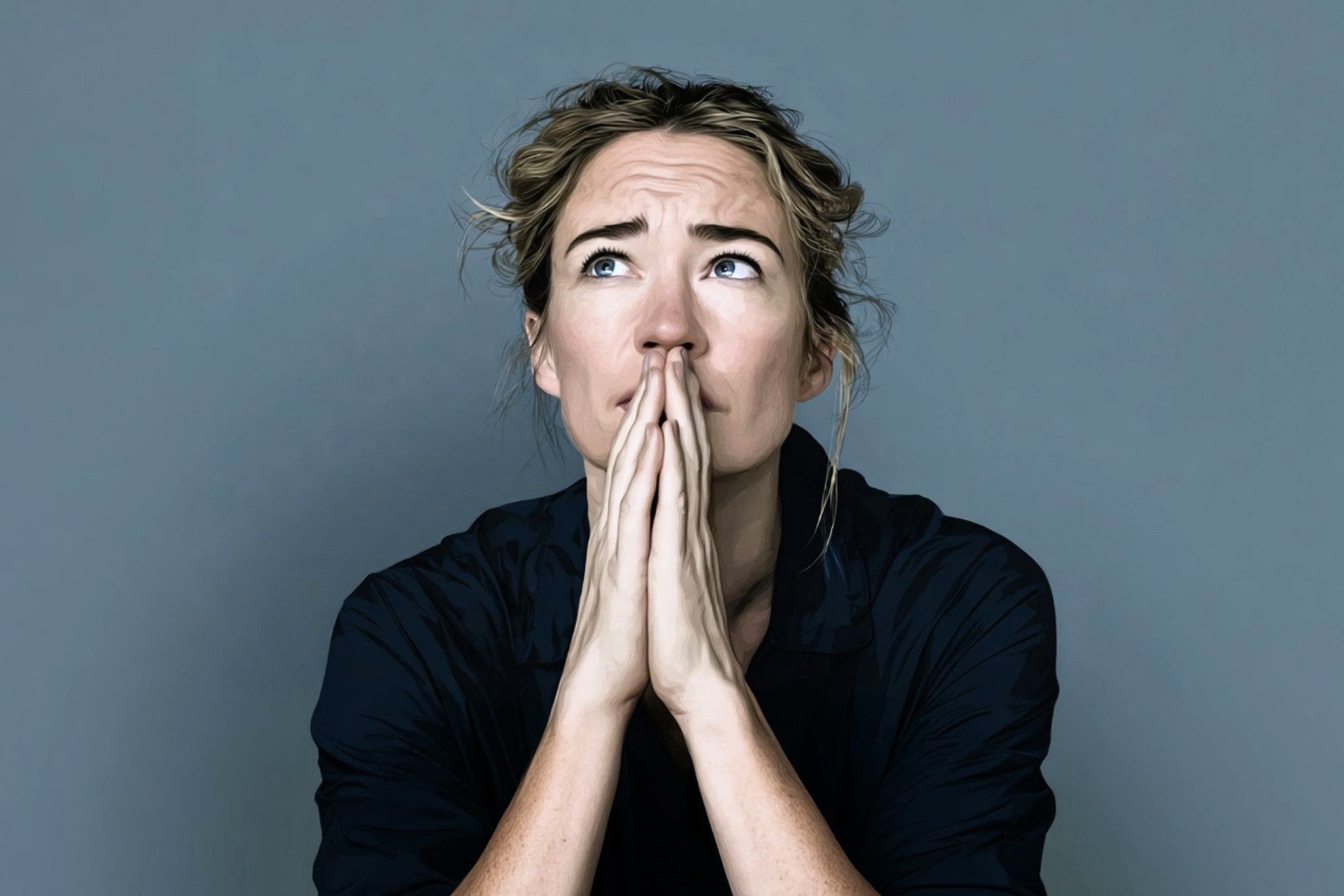 A person with light hair pulled back looks upwards with hands pressed together in front of their face, appearing thoughtful or worried, against a plain gray background.
