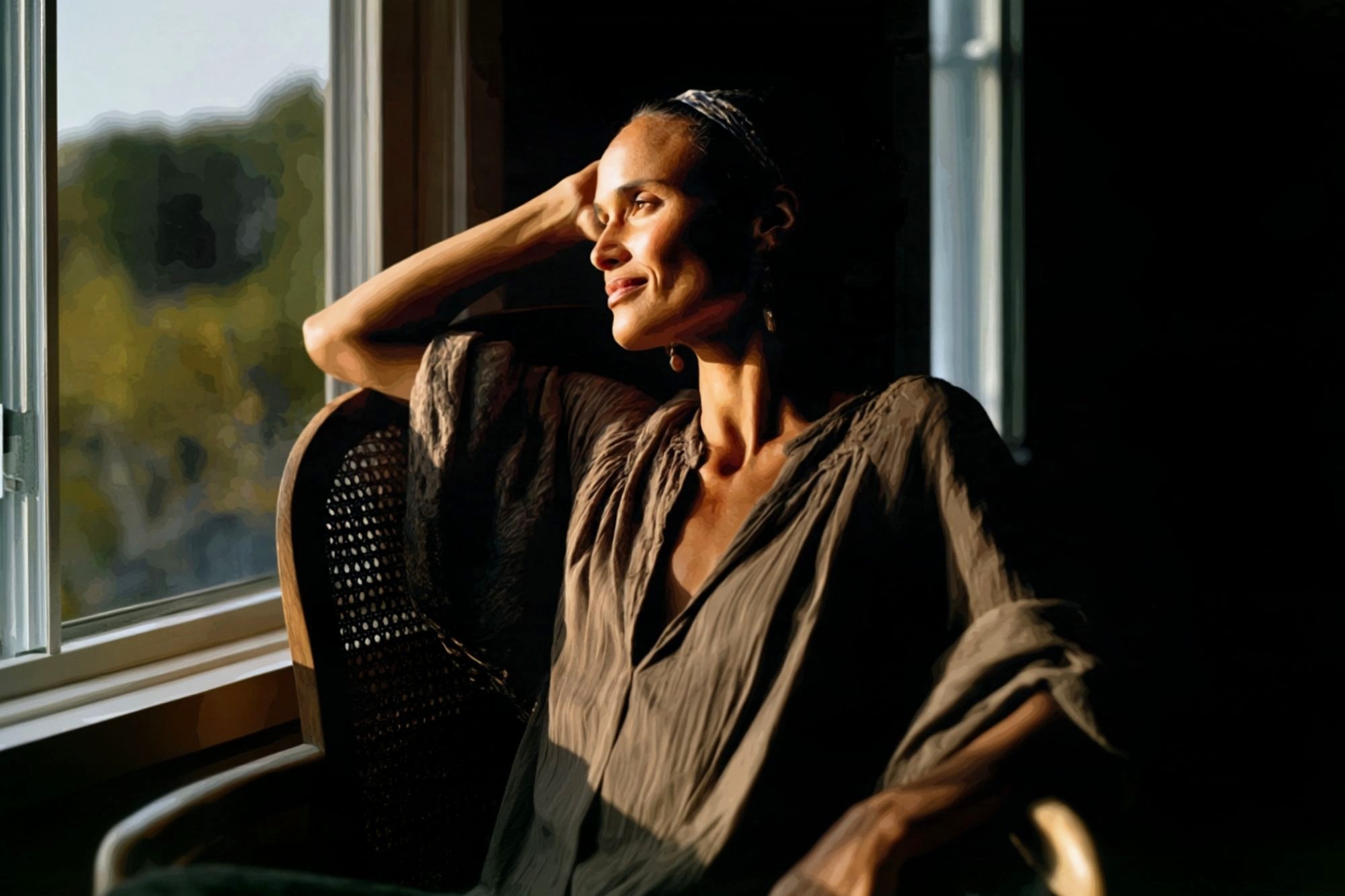 A person sits in a wooden chair by a sunlit window, resting their arm on the back, and gazing outside with a gentle smile. Warm sunlight highlights their face and loose, earth-toned clothing.