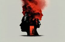 Silhouettes of faces blend with red smoke, overlapping and fading upward. Inside one profile, a small figure stands in a doorway, creating a surreal, layered effect against a plain background.