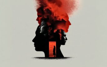 Silhouettes of faces blend with red smoke, overlapping and fading upward. Inside one profile, a small figure stands in a doorway, creating a surreal, layered effect against a plain background.
