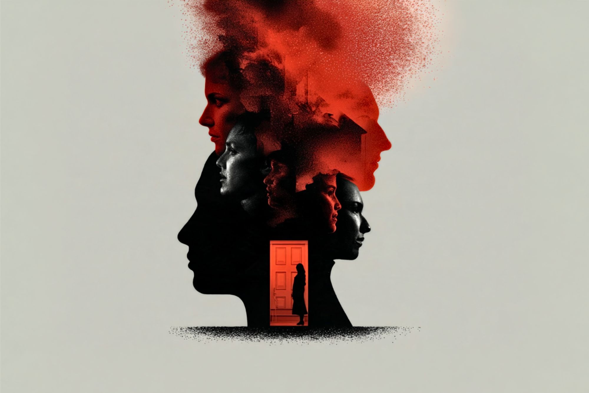 Silhouettes of faces blend with red smoke, overlapping and fading upward. Inside one profile, a small figure stands in a doorway, creating a surreal, layered effect against a plain background.