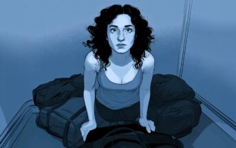A woman with curly hair sits on a pile of bags, looking up with a serious expression. The image is shaded in blue tones, and the background appears to be an empty room or corner.