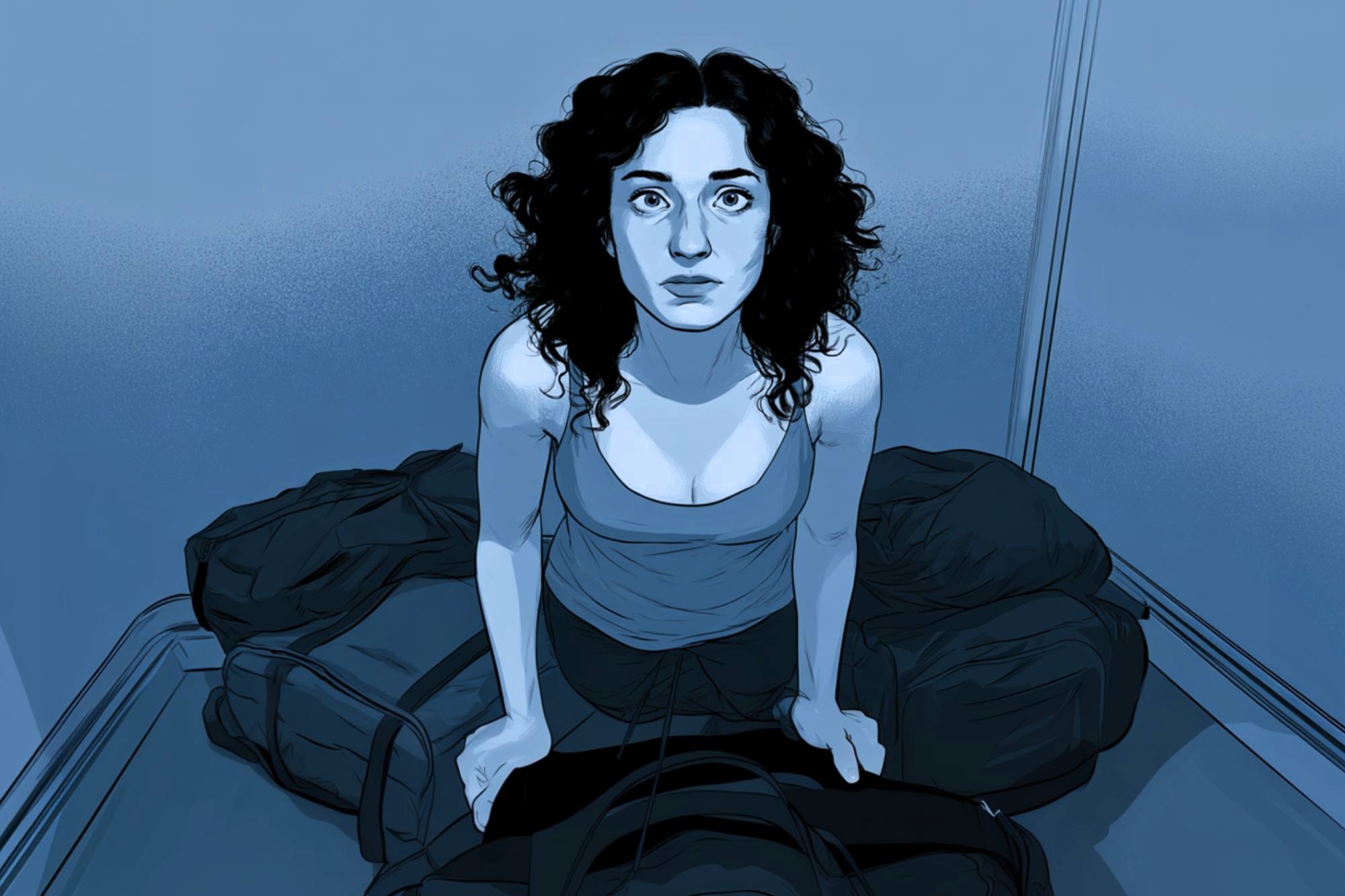 A woman with curly hair sits on a pile of bags, looking up with a serious expression. The image is shaded in blue tones, and the background appears to be an empty room or corner.