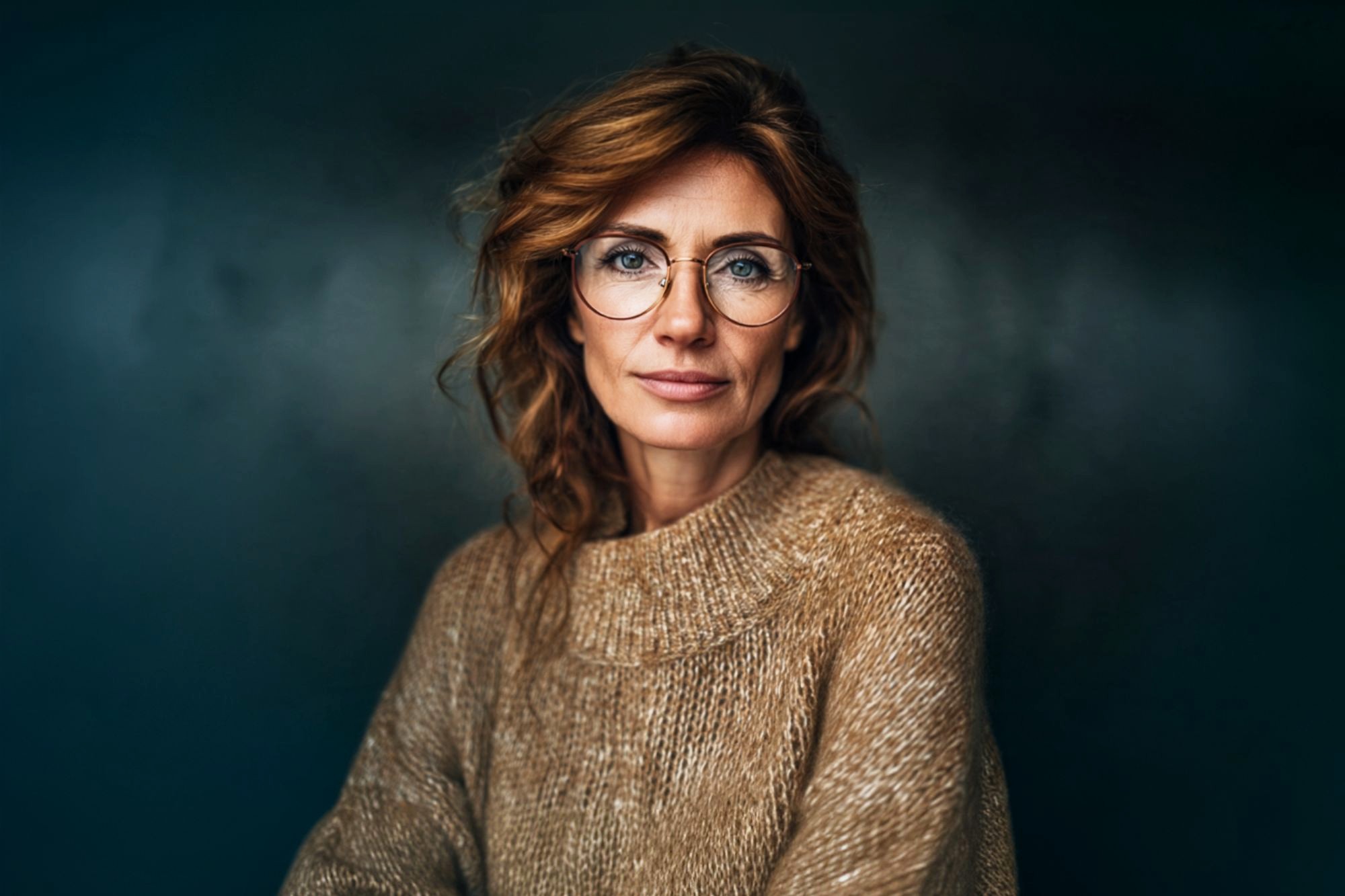 A woman with wavy, reddish-brown hair and glasses wears a tan, chunky knit sweater. She sits against a dark, blurred background, looking calmly at the camera with a slight, confident smile.