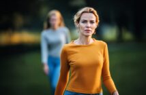 A woman in an orange shirt looks serious while standing outdoors, with another woman in the background wearing a gray top and jeans. The background is blurry and green.