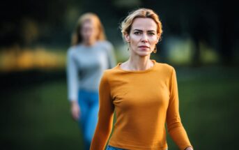 A woman in an orange shirt looks serious while standing outdoors, with another woman in the background wearing a gray top and jeans. The background is blurry and green.