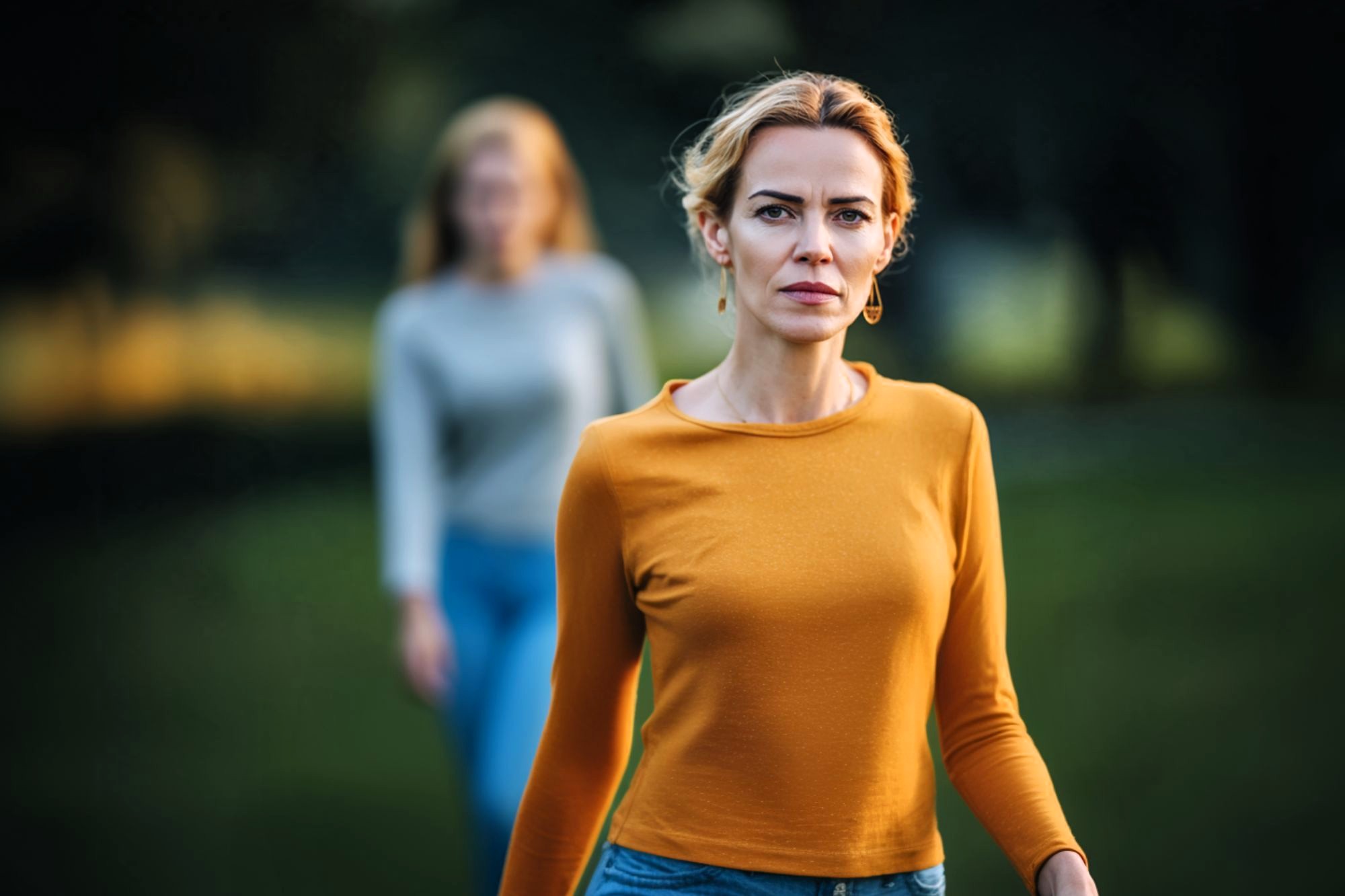 A woman in an orange shirt looks serious while standing outdoors, with another woman in the background wearing a gray top and jeans. The background is blurry and green.