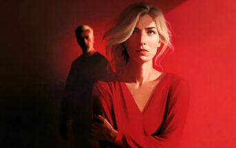 A woman in red stands in dramatic lighting, looking worried. A man in dark clothes is blurred in the background, partially in shadow.
