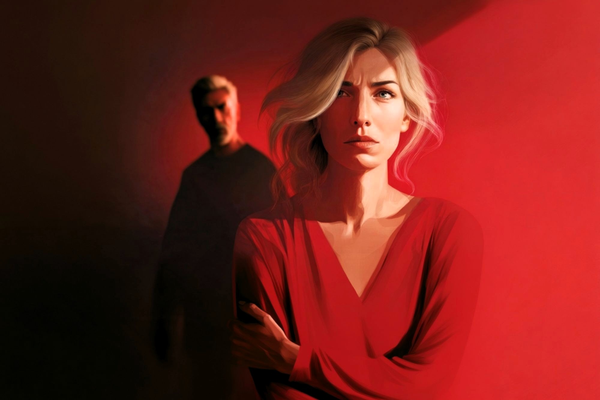 A woman in red stands in dramatic lighting, looking worried. A man in dark clothes is blurred in the background, partially in shadow.