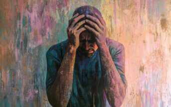 A painting of a man holding his head in his hands, appearing distressed, with a colorful, textured background.