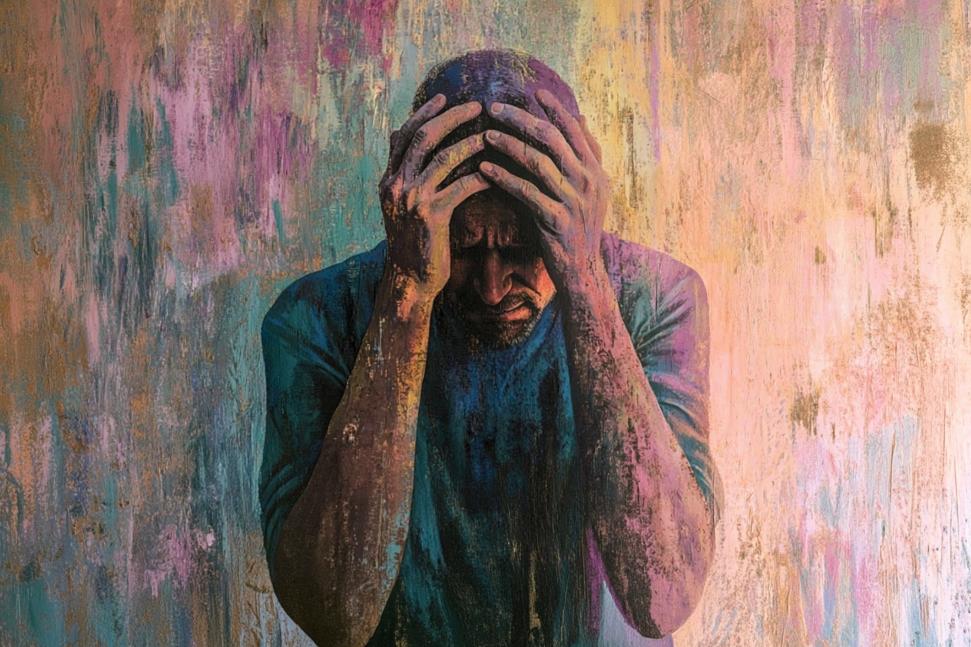 A painting of a man holding his head in his hands, appearing distressed, with a colorful, textured background.