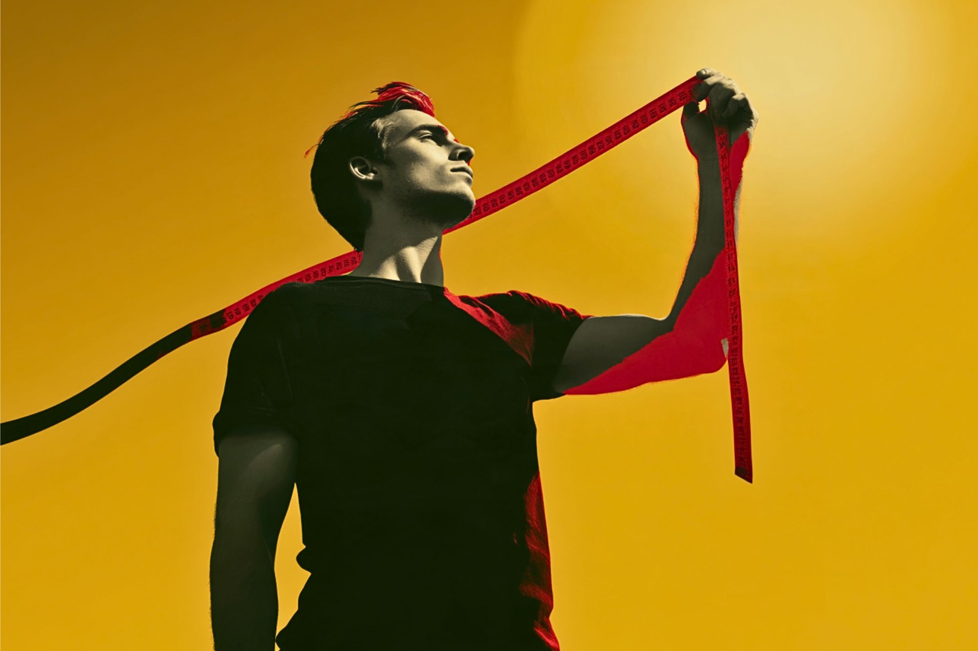 A person in a black shirt holds a red measuring tape confidently against a bright yellow background, looking upward toward the light.
