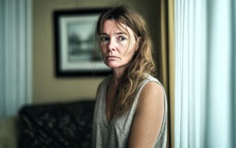 A woman with long, unkempt hair looking away from the camera, wearing a gray tank top.