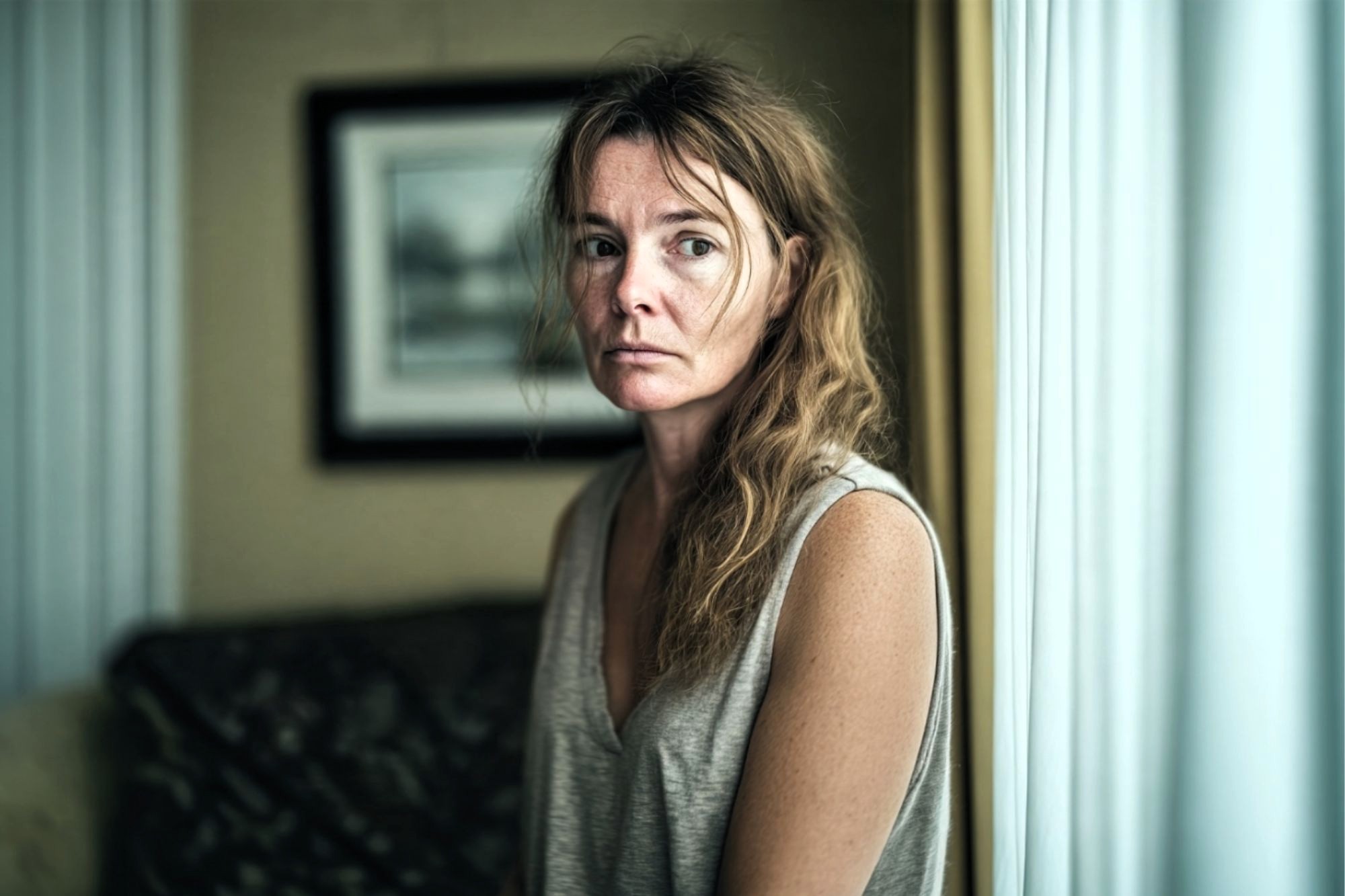 A woman with long, unkempt hair looking away from the camera, wearing a gray tank top.