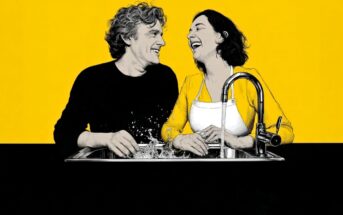 A man and woman laugh together while washing dishes at a sink, splashing water. The background is bright yellow, and both appear joyful and relaxed.