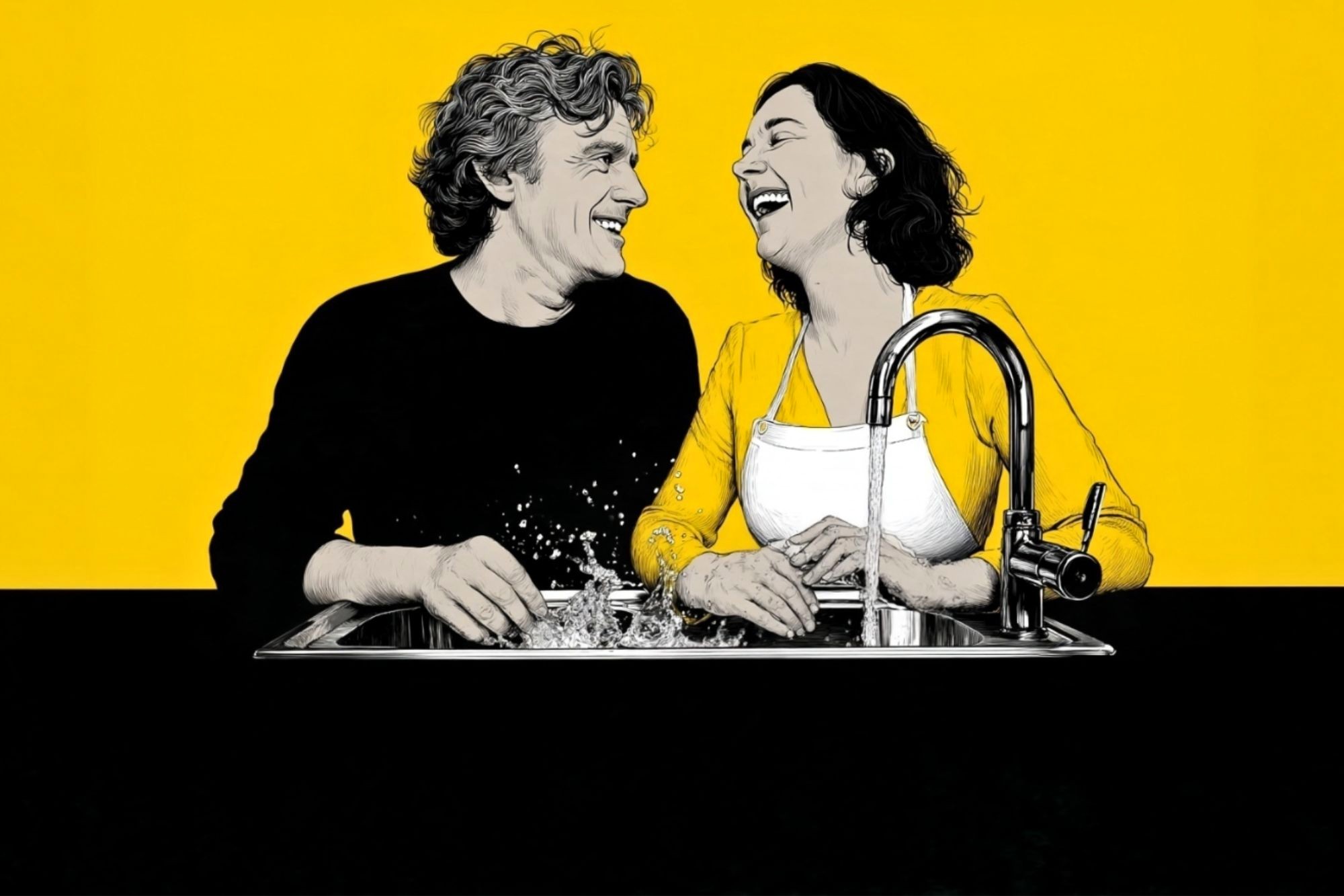 A man and woman laugh together while washing dishes at a sink, splashing water. The background is bright yellow, and both appear joyful and relaxed.