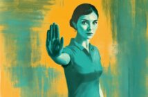 A woman with a serious expression holds one hand up in a “stop” gesture. The background is painted in shades of teal and yellow, creating a dramatic and bold effect.