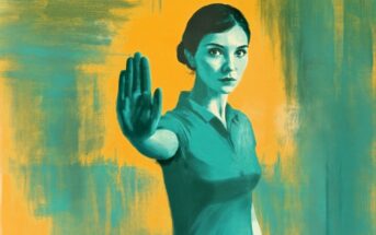 A woman with a serious expression holds one hand up in a “stop” gesture. The background is painted in shades of teal and yellow, creating a dramatic and bold effect.