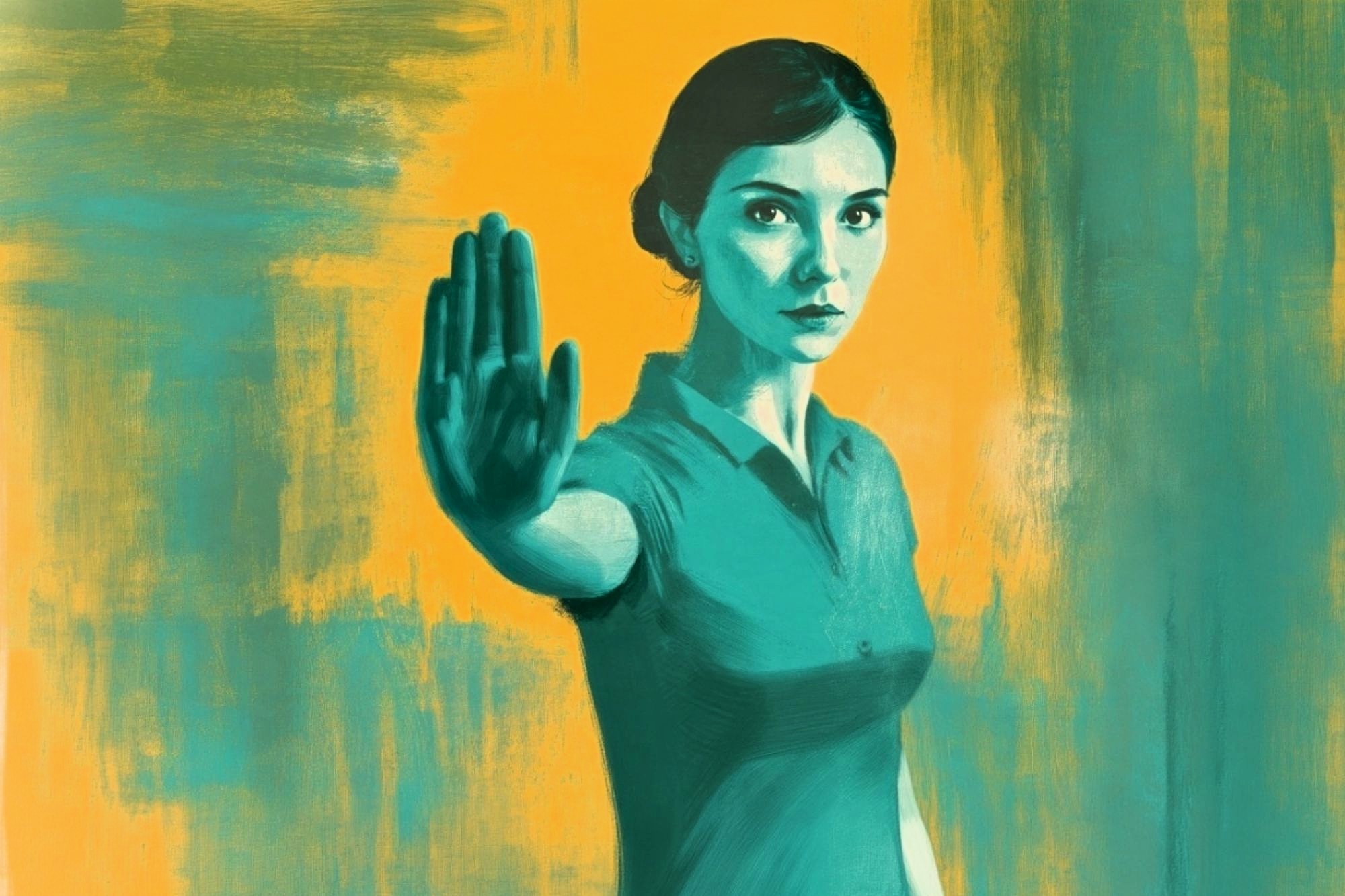 A woman with a serious expression holds one hand up in a “stop” gesture. The background is painted in shades of teal and yellow, creating a dramatic and bold effect.