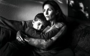A woman sits on a couch, holding a young boy in her arms. Both have serious expressions and stare into the distance. The image is in black and white, with soft light and shadows on the wall behind them.