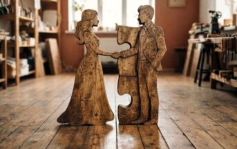 A wooden sculpture of a woman and man holding hands, each with a puzzle piece cutout that fits together, stands on a wooden floor in a sunlit, cozy workshop.