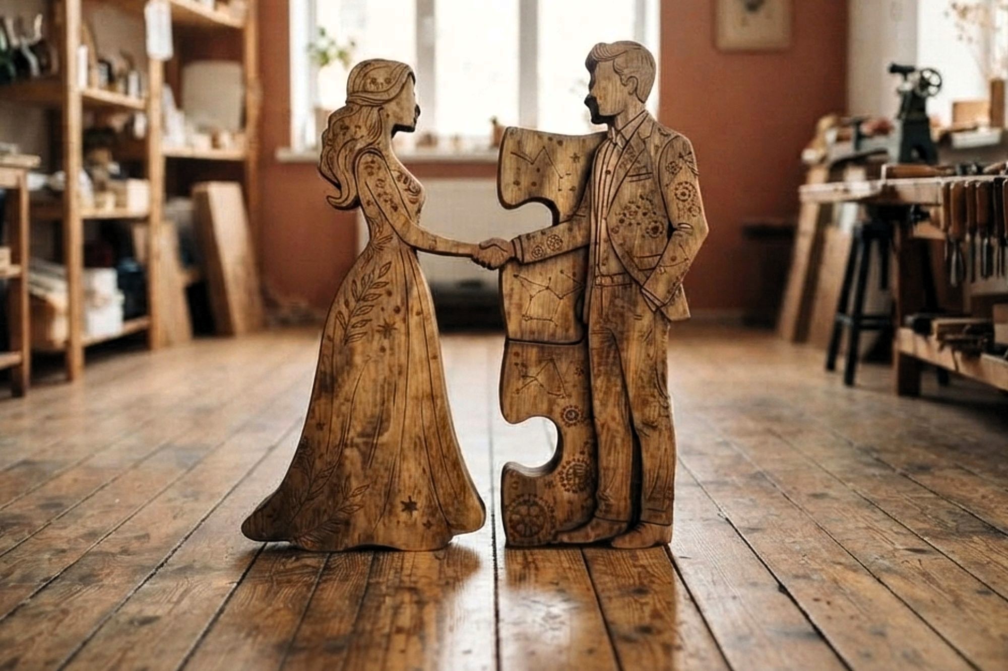 A wooden sculpture of a woman and man holding hands, each with a puzzle piece cutout that fits together, stands on a wooden floor in a sunlit, cozy workshop.