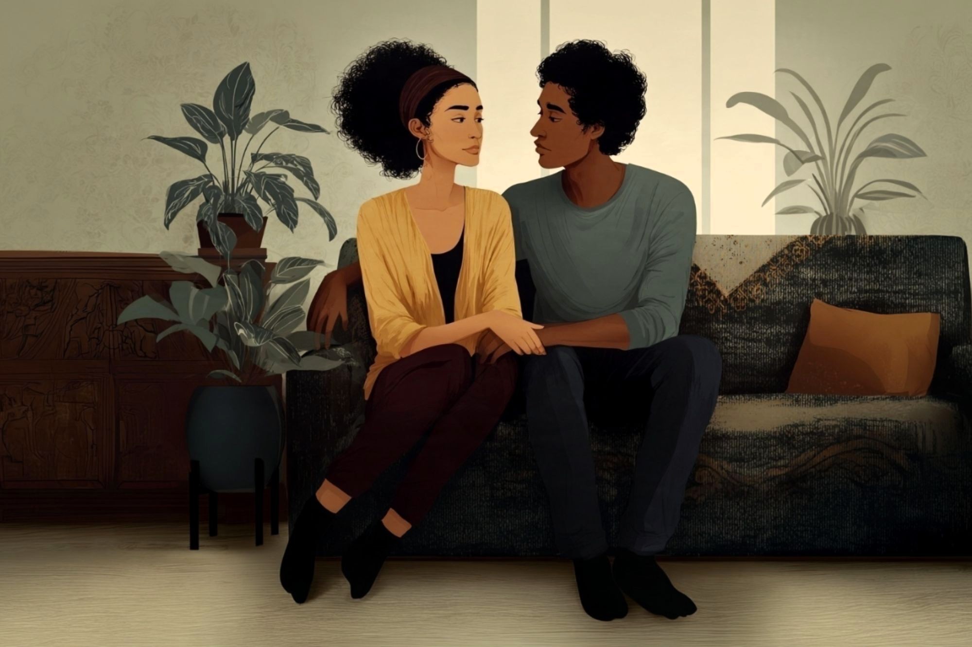 A couple sits together on a sofa, holding hands and looking at each other.