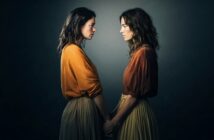 Two women with similar features, wearing orange tops and beige skirts, stand face-to-face and hold hands against a dark gradient background.