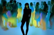 A woman stands alone in the center of a social gathering, surrounded by groups of people talking, with colorful blurred lights creating a dreamy, isolated effect.