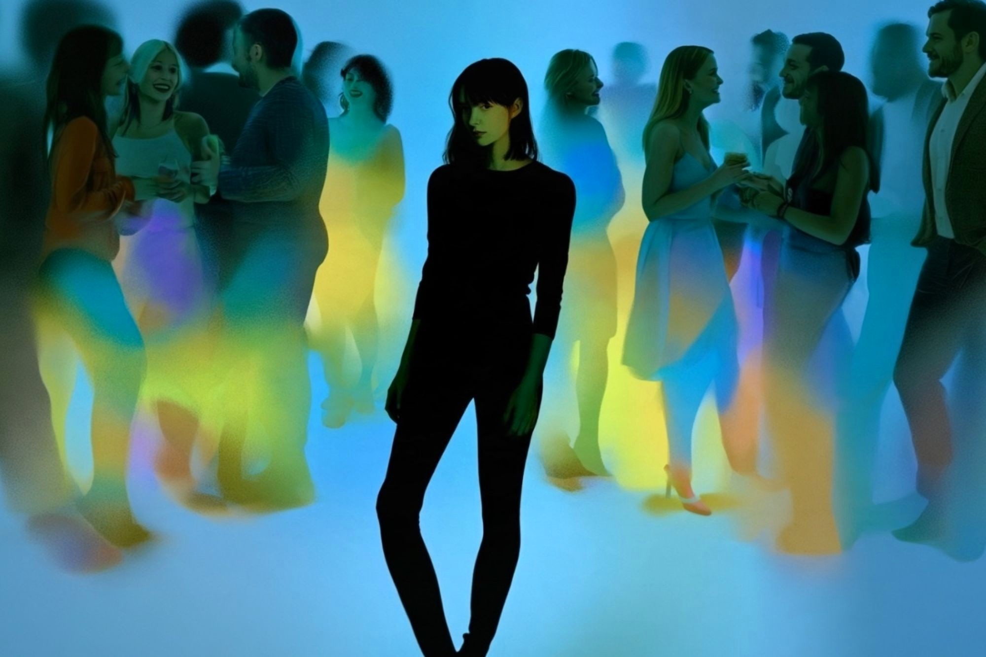 A woman stands alone in the center of a social gathering, surrounded by groups of people talking, with colorful blurred lights creating a dreamy, isolated effect.