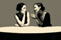 Two women in black dresses sitting at a round table, with one woman listening intently and the other gesturing while speaking.