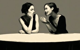 Two women in black dresses sitting at a round table, with one woman listening intently and the other gesturing while speaking.