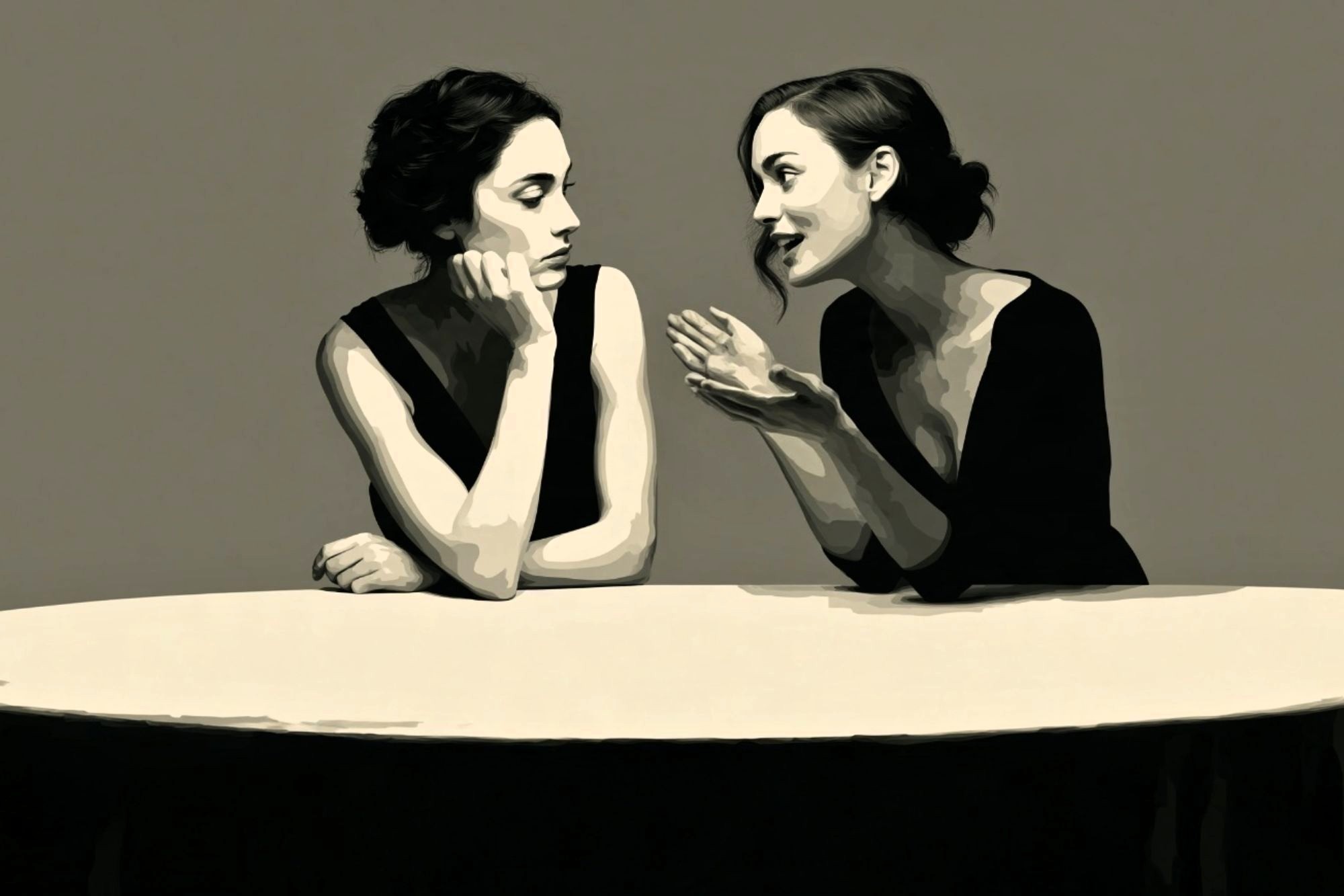 Two women in black dresses sitting at a round table, with one woman listening intently and the other gesturing while speaking.