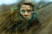 A woman with blue eyes stares ahead, surrounded by tall dry grass blowing in the wind. Her face is partly obscured by the grass, creating a dramatic and moody outdoors scene.