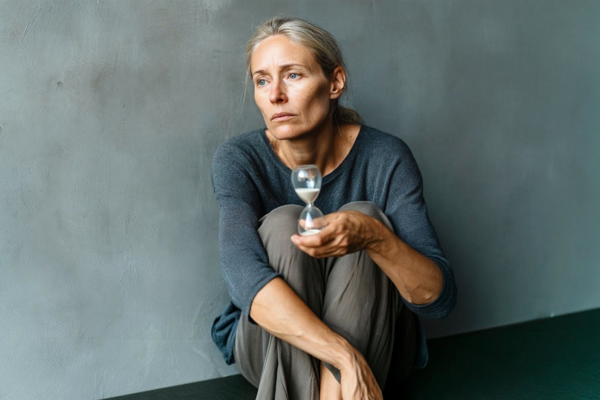A woman with gray hair sits on the floor holding a small hourglass and looking away with a pensive expression.
