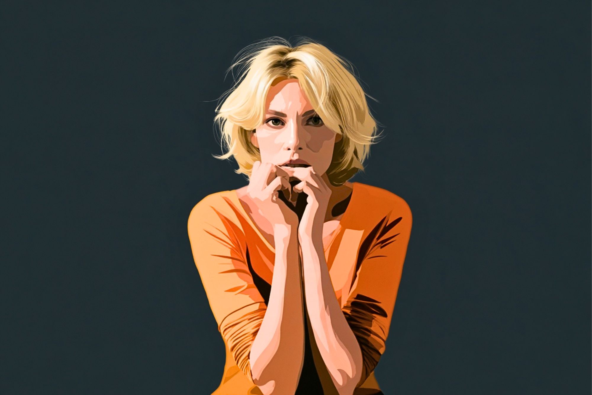 Stylized digital portrait of a blonde woman in an orange top, holding her hands to her face.